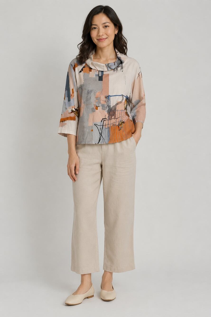 3 Potato Cowl Neck 3/4 Sleeve Artsy Bird Top Shirt Womens Size Small New 24HTP
